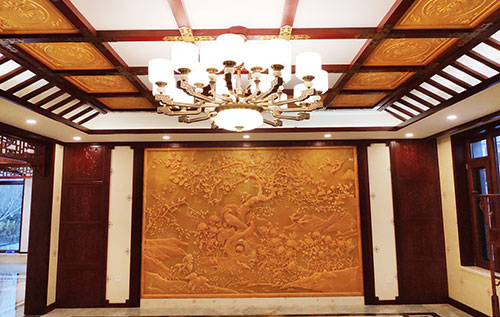 中原中式别墅客厅中式木作横梁吊顶装饰展示